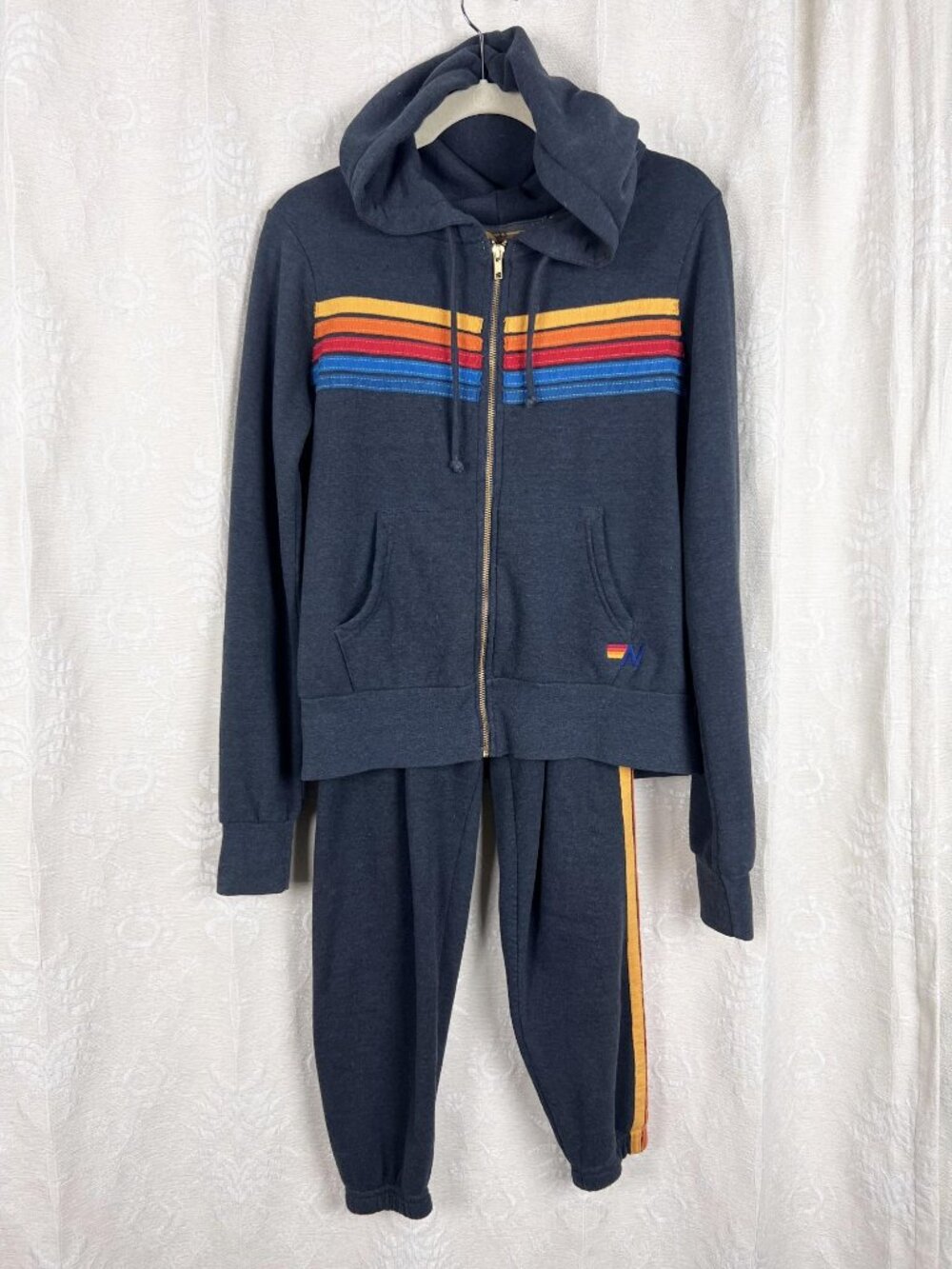 Aviator Nation 5-Stripe hoodie jacket + jogger sweatpant set XS charcoal gray
